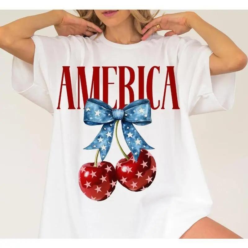 American Flag Cherry Bow Fourth of July T-Shirt, USA America 4th of July, Patriotic Tee, Independence Day, Gift for Men for Woman, Menswear Casual Top