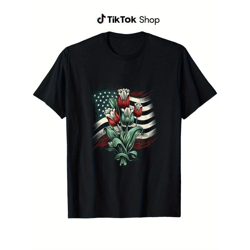 Happy Memorial Day Tulips Flower American Flag 4th of July T-Shirt 100% cotton, fabric weight 180g, Happy Mother'S Day Family Harmony T-shirt for men and women
