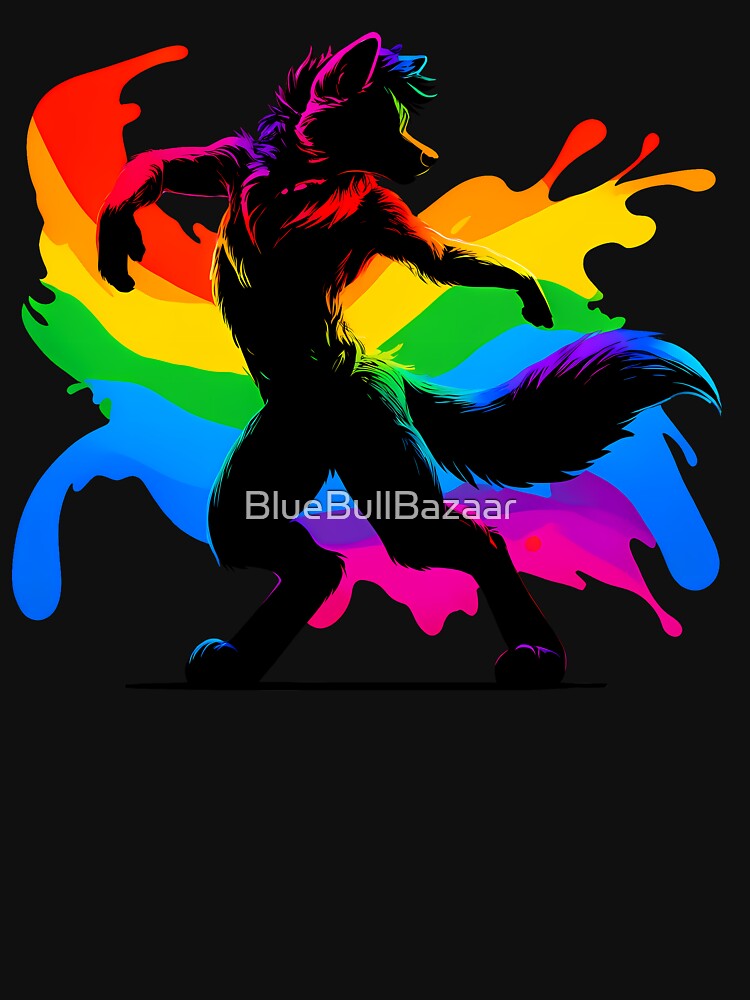 Raving Rainbow LGBTQ Furry Pride Wolf Fursona by BlueBullBazaar Unisex T-shirt, Sweatshirt, Hoodie, Long Sleeve Tee