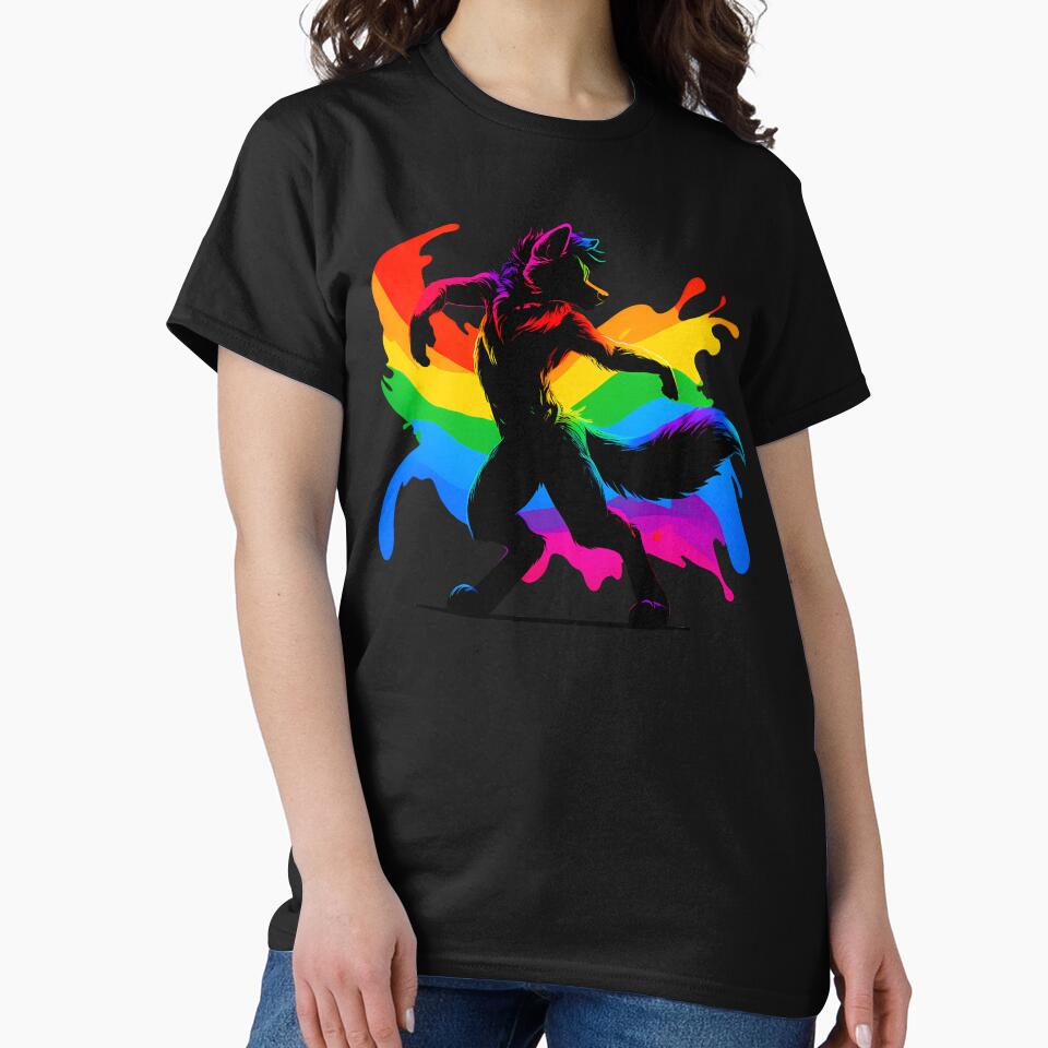 Raving Rainbow LGBTQ Furry Pride Wolf Fursona by BlueBullBazaar Unisex T-shirt, Sweatshirt, Hoodie, Long Sleeve Tee